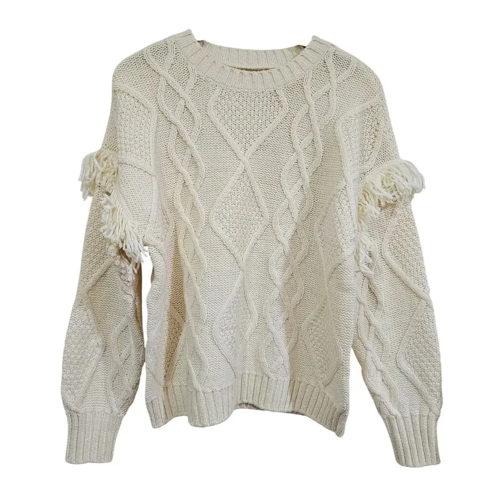 American Eagle Cream Cable Knit Fringe Sweater Women’s Size S - Picture 1 of 6